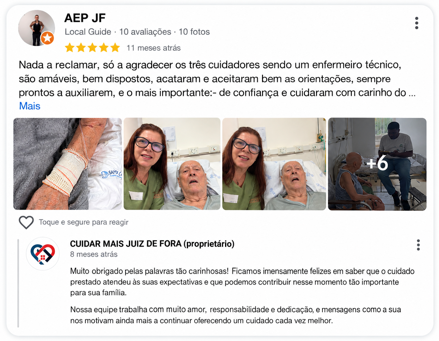 Avaliação de 5 estrelas no Google de uma família atendida