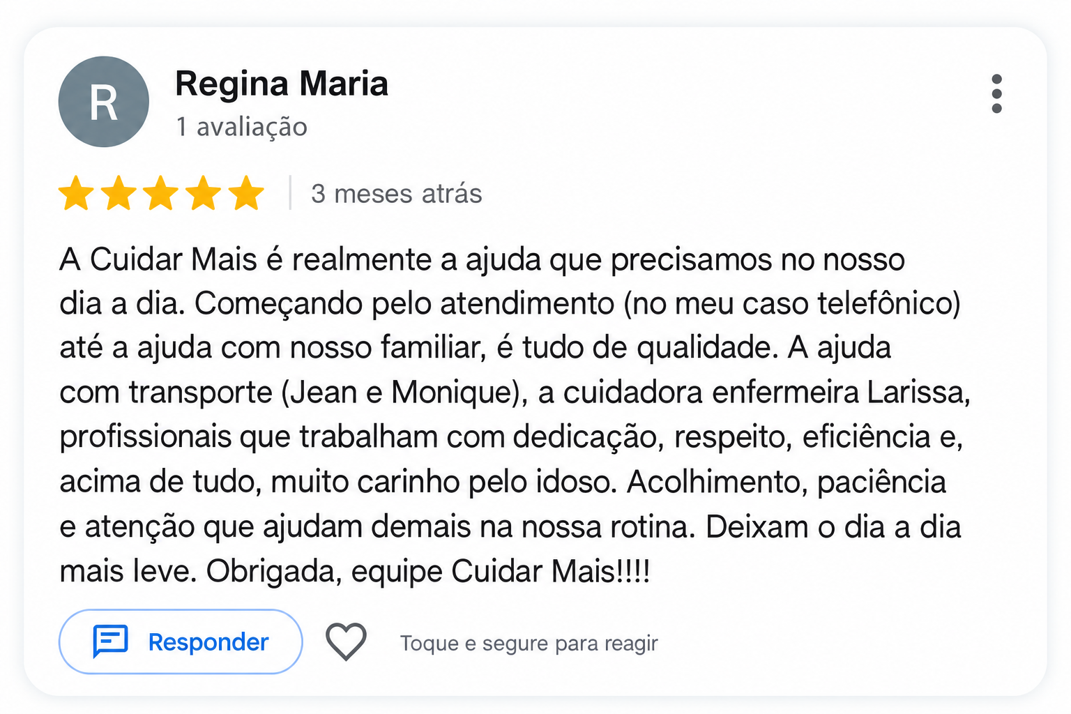 Avaliação de 5 estrelas no Google de uma família atendida