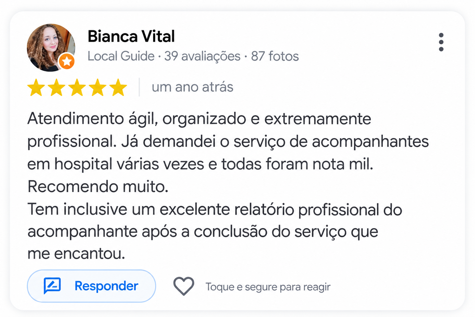 Avaliação de 5 estrelas no Google de uma família atendida