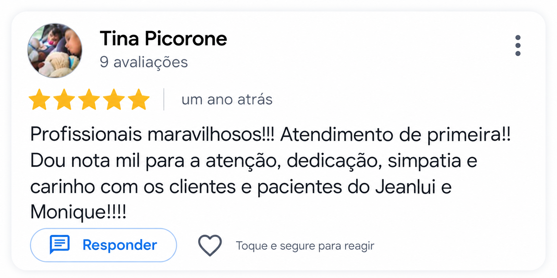 Avaliação de 5 estrelas no Google de uma família atendida