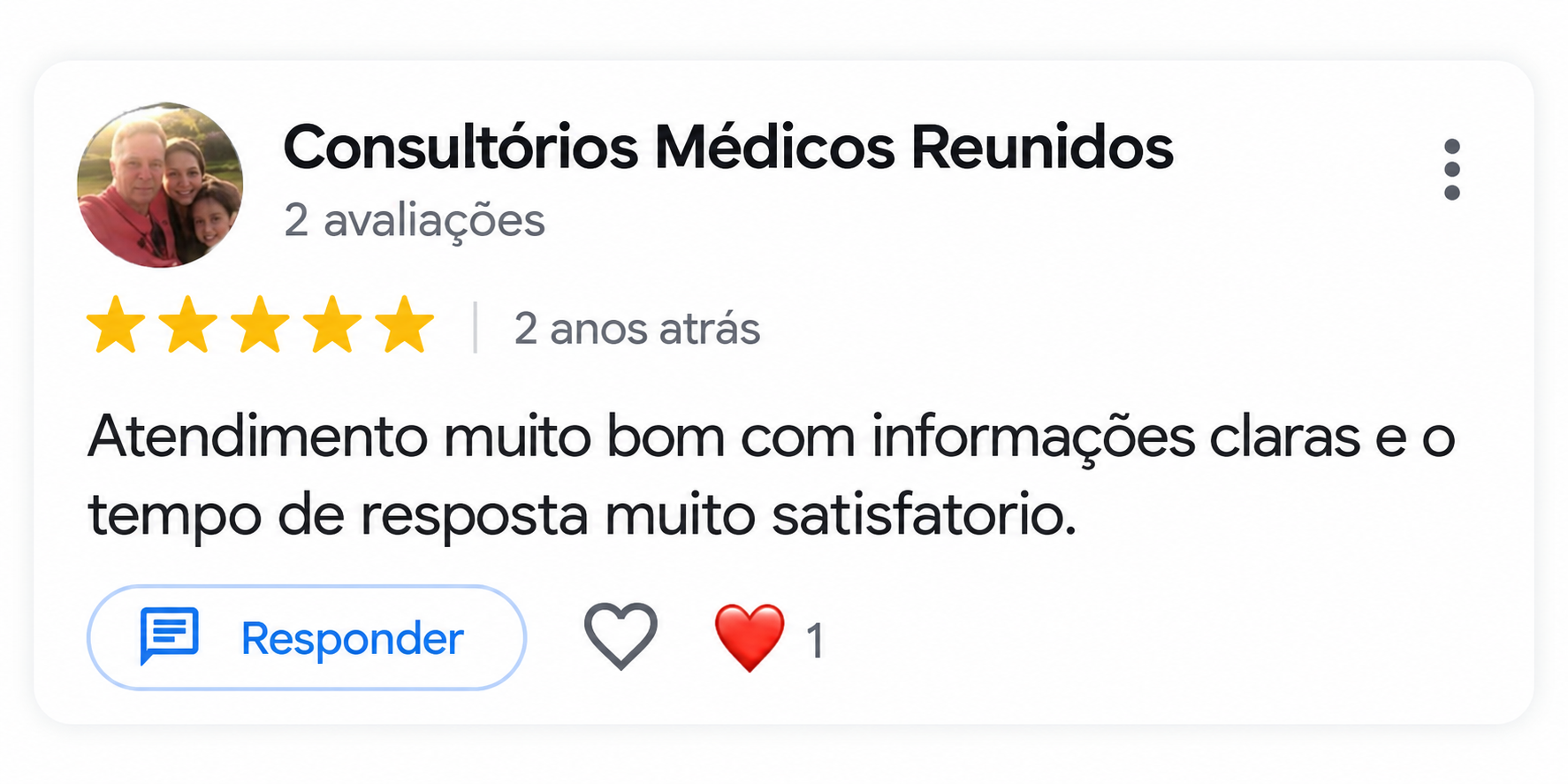 Avaliação de 5 estrelas no Google de uma família atendida